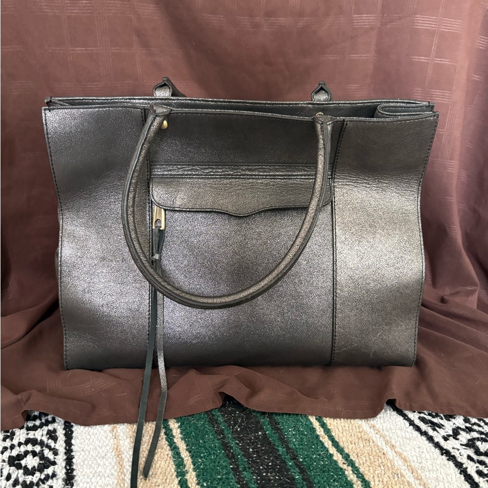 Rebecca Minkoff Medium Mab Tote | Saffiano Leather | Metallic Black | Authentic